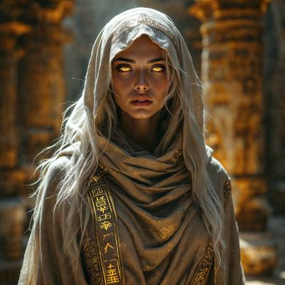 The primary subject of the image is a woman wearing a white and gold robe, with a hood over her head. She is standing in front of a backdrop of stone pillars, which gives the scene a historical and majestic atmosphere. The visual style of the image is a combination of photo and digital art, creating a unique and intriguing appearance. The colors in the image are predominantly white and gold, which contribute to the overall mood of elegance and sophistication.